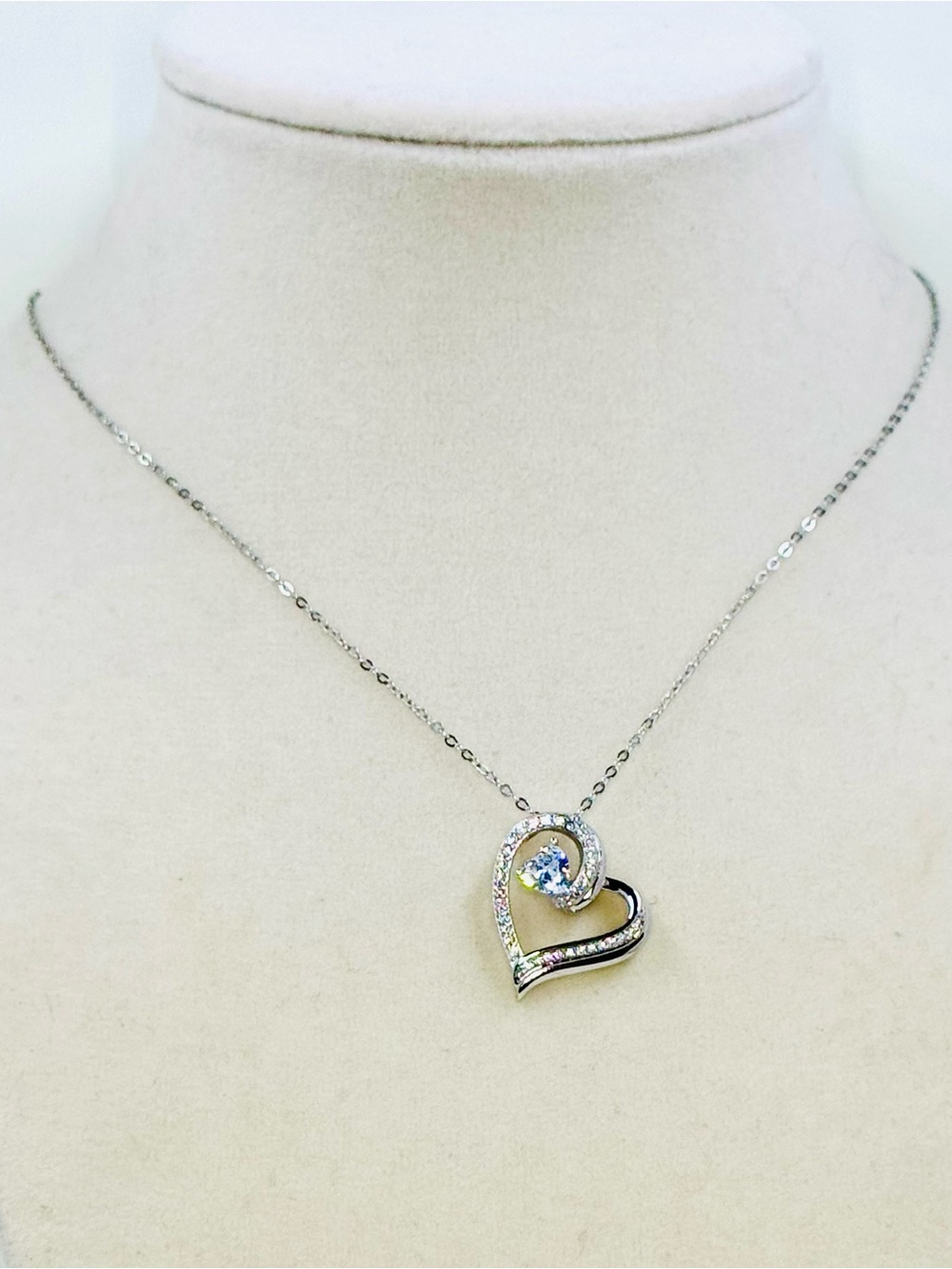 Sterling Silver Floating Heart Pendant W/Cubic Zirconia Necklace & 20” Chain